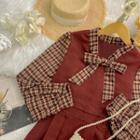 Mock Two-piece Long-sleeve Tie-neck Plaid Midi A-line Dress
