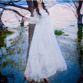 Floral Embroidered Long-sleeved Tie-waist V-neck Slim Sheath Dress