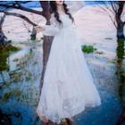 Floral Embroidered Long-sleeved Tie-waist V-neck Slim Sheath Dress
