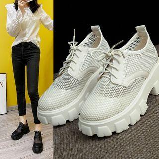 Platform Block Heel Mesh Lace Up Shoes