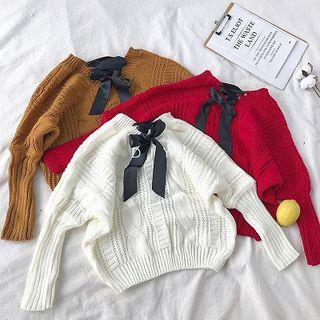 Plain V-neck Ribbon Lace-up Long-sleeve Sweater
