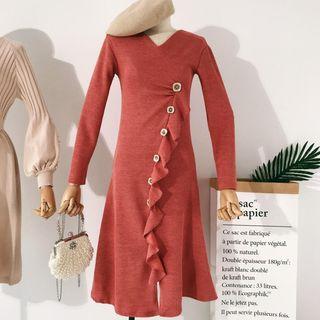 Long-sleeve Ruffle-trim Midi Dress