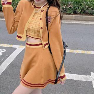 Plaid Crop Tank Top / Contrast Trim Cardigan / Mini A-line Skirt