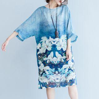 Elbow-sleeve Printed T-shirt Midi Dress
