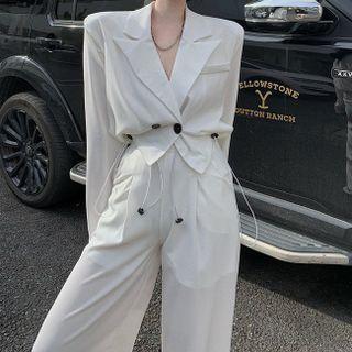 Plain Blazer / High Waist Wide Leg Dress Pants
