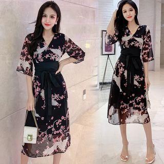 Elbow-sleeve Midi Printed Chiffon Dress (various Designs)