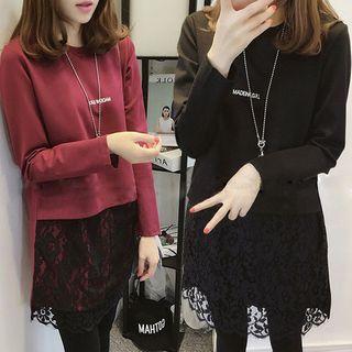 Long-sleeve Lace Panel Lettering T-shirt
