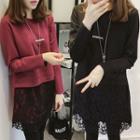 Long-sleeve Lace Panel Lettering T-shirt