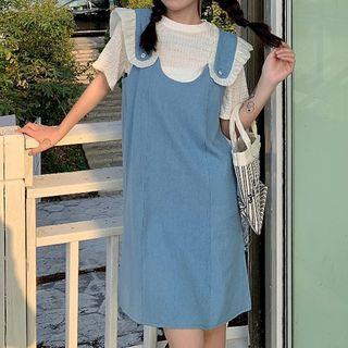 Short-sleeve T-shirt / Frill Trim Denim Overall Dress / Set