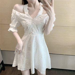 Embroidered Cold-shoulder Short-sleeve Mini A-line Dress