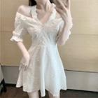 Embroidered Cold-shoulder Short-sleeve Mini A-line Dress