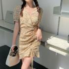 V-neck Floral Print Frill Hem Drawstring Dress