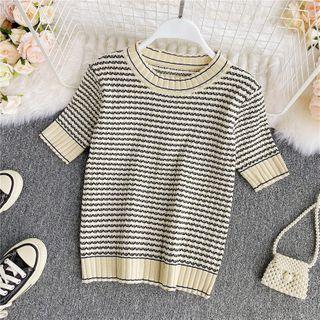 Round-neck Color Block Knitted Short-sleeve Top