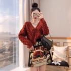 Set: Cardigan + Elephant Print A-line Skirt