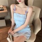 Butterfly Accent Spaghetti Strap Shirred Mesh Mini Sheath Dress