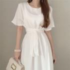 Round Neck Tie-waist Plain Short Sleeve Dress