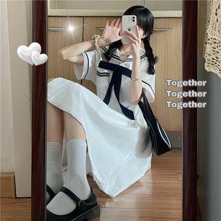 Sailor Collar Bow Midi A-line Dress Black & White - One Size