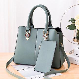 Set: Heart Charm Faux Leather Crossbody Bag + Pouch