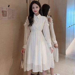 Polo Collar Off-shoulder Dotted A-line Dress