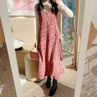 Long-sleeve Plain Top / Spaghetti Strap Midi Floral Dress