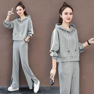 Set: Striped Hoodie + Slit-hem Wide Leg Sweatpants