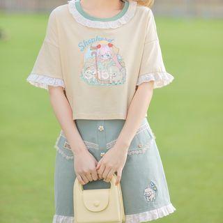 Short-sleeve Cartoon Print T-shirt / Embroidered Mini Skirt