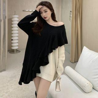 Off-shoulder Two-tone Sweater Black & White - One Size