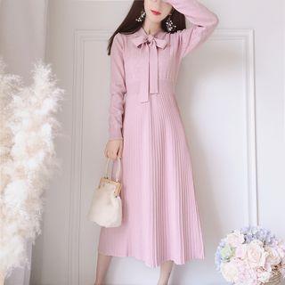Bow Accent Long-sleeve Midi A-line Knit Dress