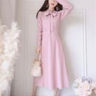 Bow Accent Long-sleeve Midi A-line Knit Dress