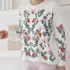 Round-neck Floral Print Knit Top Ivory - One Size