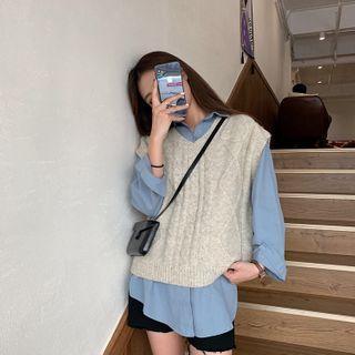 Long-sleeve Plain Loose Fit-shirt / Knit Cable Vest