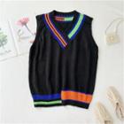 V-neck Color Block Knit Vest Black - One Size