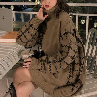 Turtleneck Plaid Panel Sweater Khaki - One Size