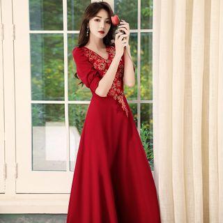 Flower Detail Short-sleeve Maxi A-line Dress