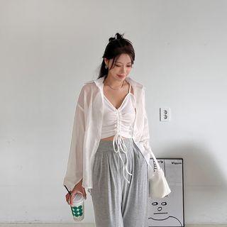 Textured Shirt & Sleeveless Drawstring Top Set
