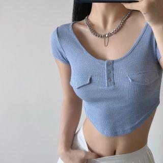 Short-sleeve Plain Ribbed Half-button Crop Top