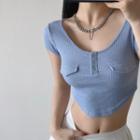 Short-sleeve Plain Ribbed Half-button Crop Top