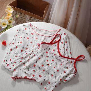 Set: Floral Print Camisole Top + Cardigan Set - White - One Size