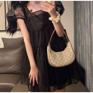 Puff-sleeve Square Neck Plain Sheer Dress