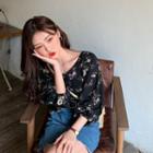 Floral Printed V-neck 3/4-sleeve Loose-fit Blouse As Figure - One Size