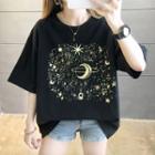 Moon & Star Print Elbow-sleeve T-shirt