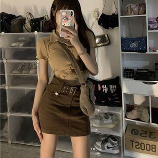 Plain Cropped Top / High-waist Plain Mini Skirt