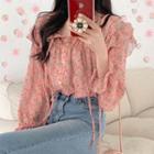 Floral Print Frilled Long-sleeve Loose-fit Blouse Pink - One Size