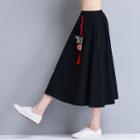 Floral Embroidered Tasseled Midi A-line Skirt Black - One Size