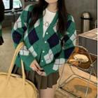 Argyle Cardigan / Lettering T-shirt / Pleated Mini A-line Skirt