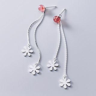 925 Sterling Silver Flower & Bead Fringed Earring 1 Pair - Silver - One Size