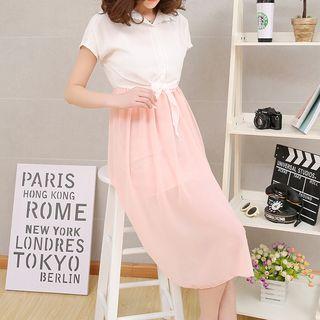 Color Block Short-sleeve Midi Chiffon Dress