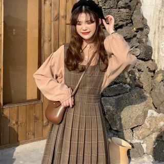 Plain Shirt / Plaid Pleated Midi A-line Overall Dress