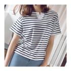 Striped Short Sleeve Split Neck T-shirt