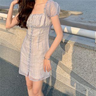 Short-sleeve Tie Neck Plaid Dress